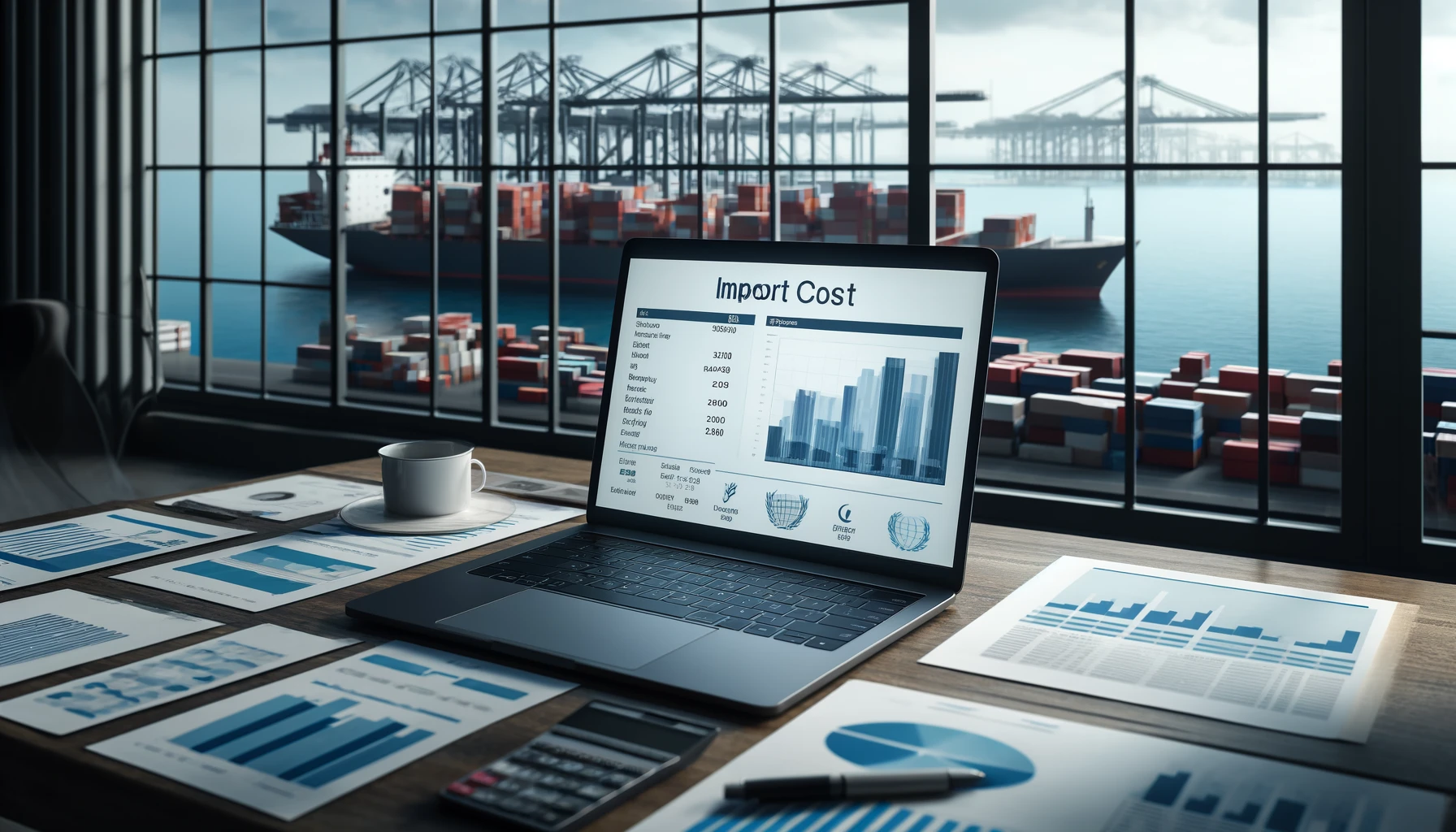 DALL·E 2024-05-20 01.24.53 - A realistic image of a desk with documents and an open laptop displaying an import cost spreadsheet. In the background, through a large window, there'